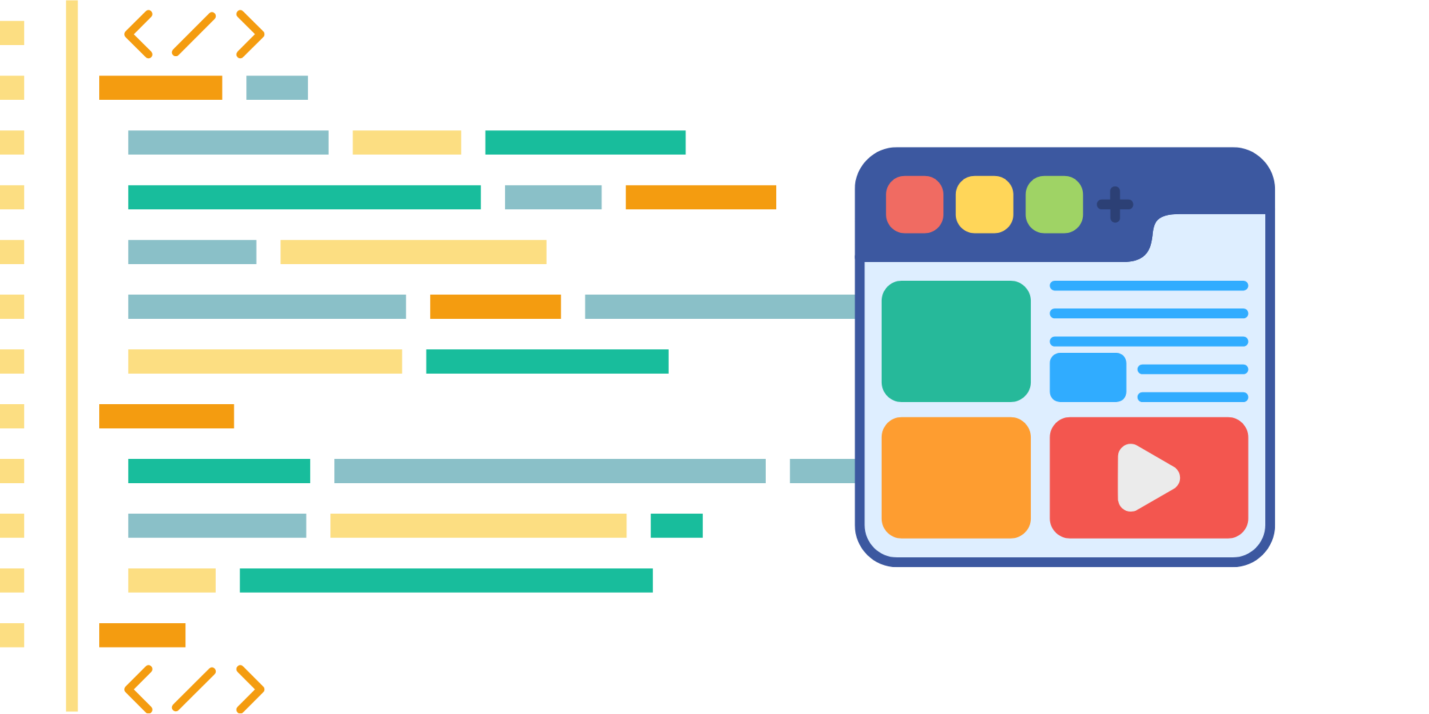 Illustration of code lines transforming into a web page layout, representing on-page SEO optimization and content structure.