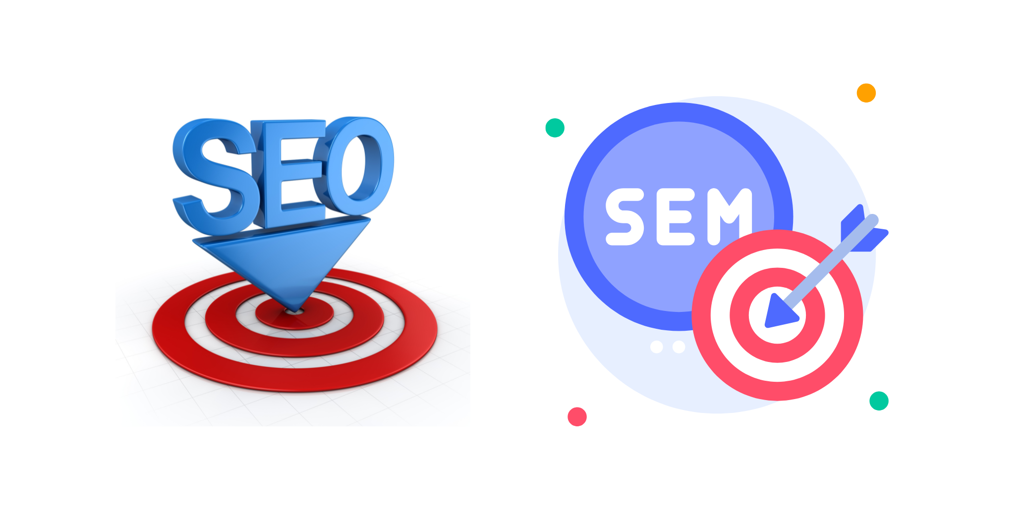 Comparison of SEO and SEM concepts using target icons, illustrating differences in organic and paid search strategies.