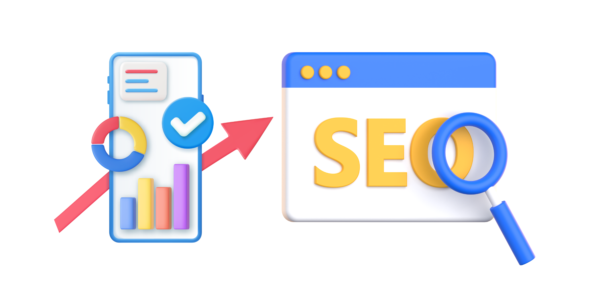 Illustration of a mobile screen with SEO charts and a magnifying glass, representing mobile SEO growth and trends in 2025.