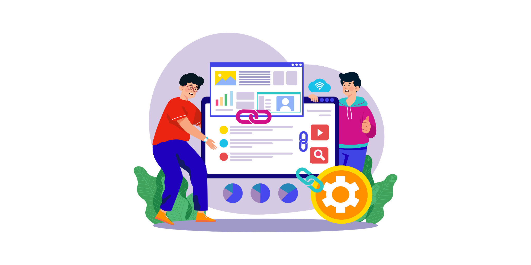 Illustration of two people optimizing a website interface with link icons and charts, representing effective link-building strategies.