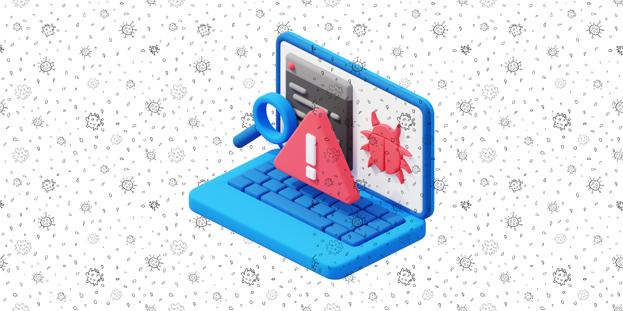 3D illustration of a laptop showing a malware warning and bug alert, representing ransomware threats and cybersecurity risks in 2025.
