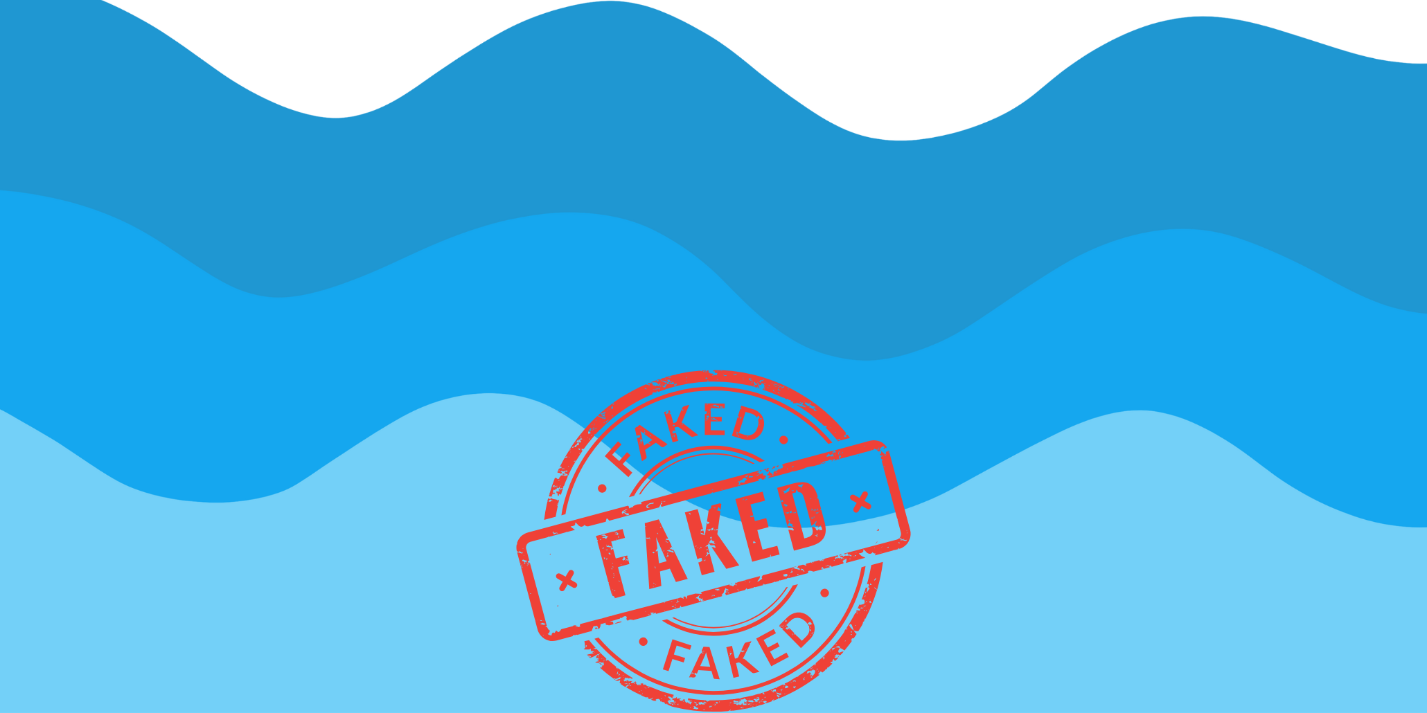 Illustration with blue waves and a red 'FAKED' stamp, representing the rise of deepfake cybercrime and digital deception.